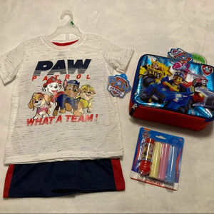 NWT Paw Patrol Bundle 5/6 Short Set, Lunch Bag & Chalk Set